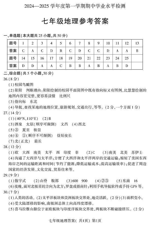 7地理答案第1页