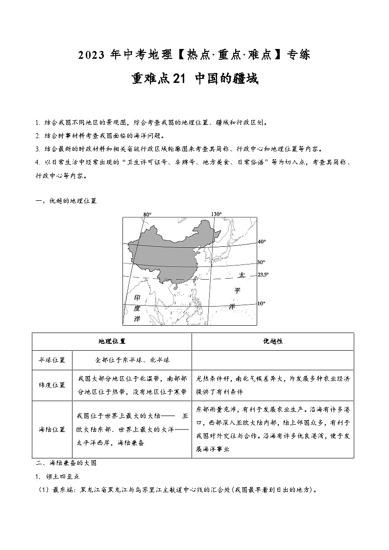 中考地理【热点·重点·难点】专练重难点21中国的疆域(原卷版+解析)第1页
