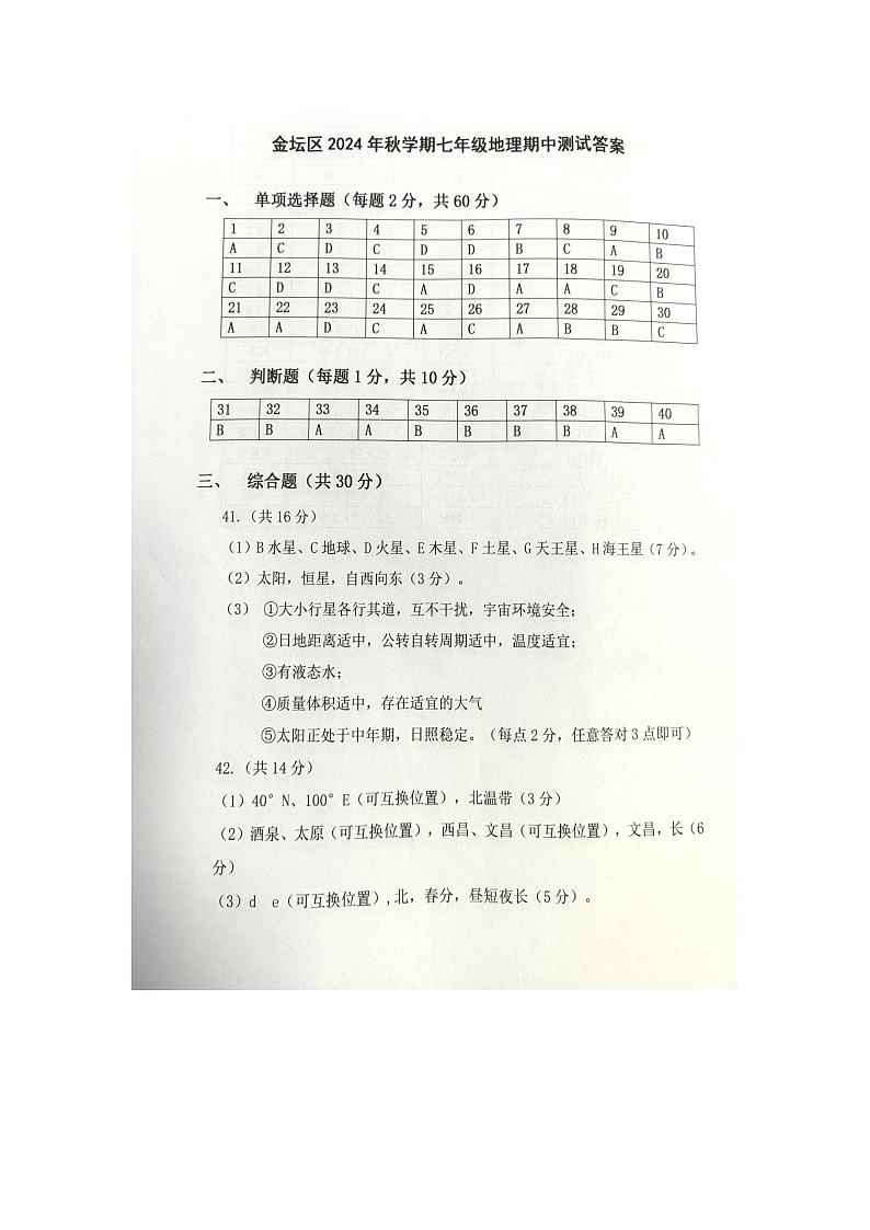 常州市金坛区2024-2025年秋学期七年级上册地理期中考试卷答案第1页
