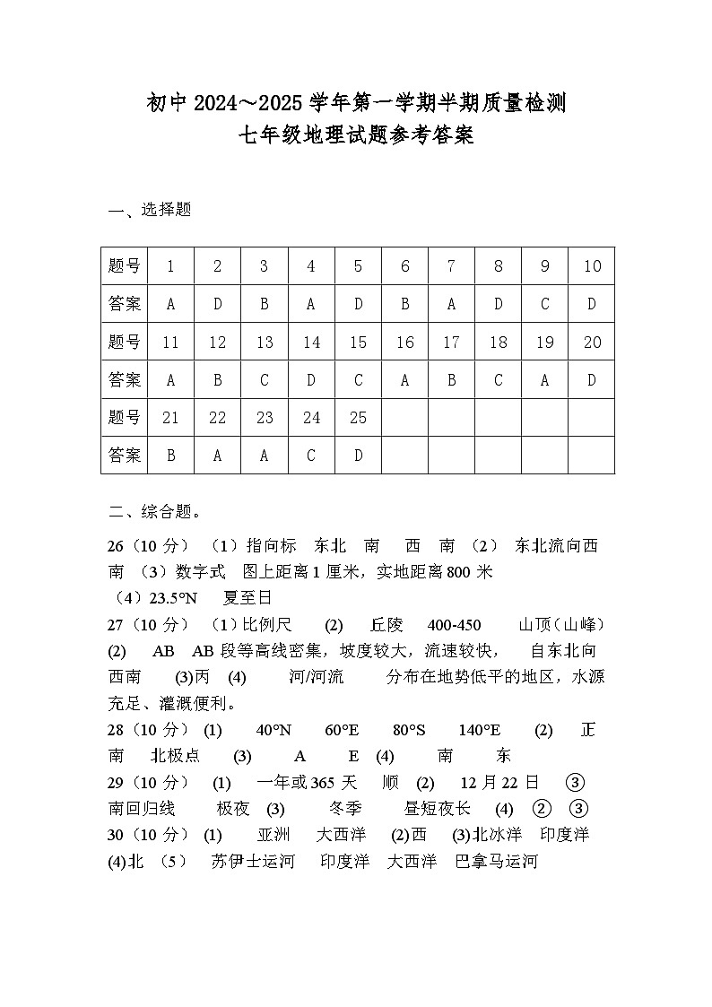 七年级地理答案第1页