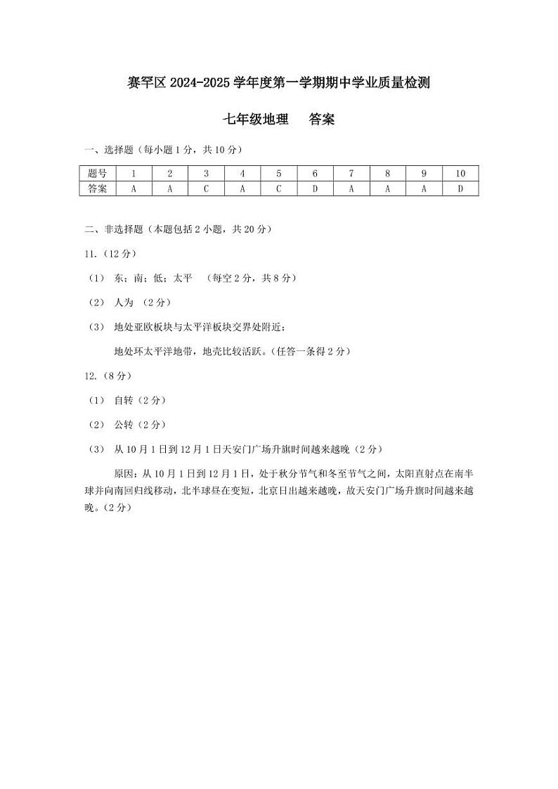 七年级地理答案第1页