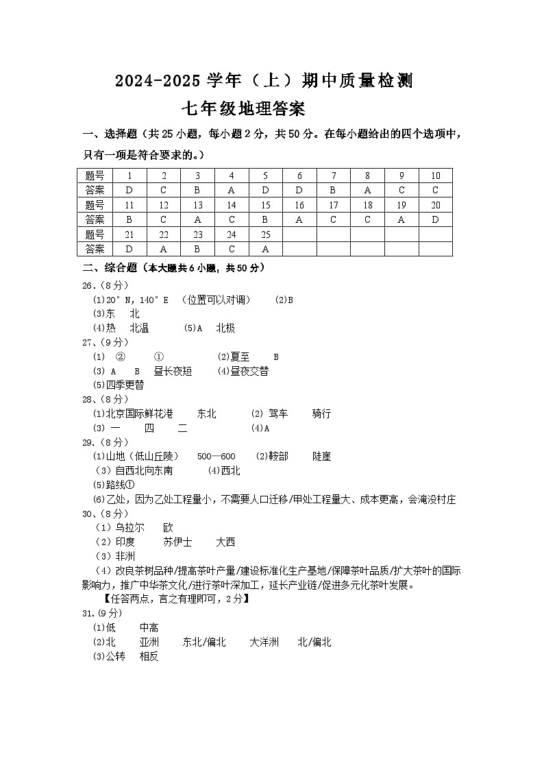 七年级地理参考答案+-第1页