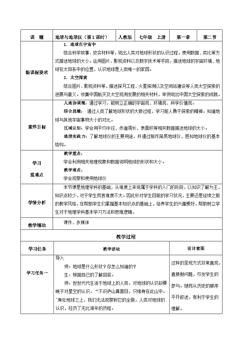人教版（2024版）七年级地理上册1.2《地球与地球仪》教学设计第1页
