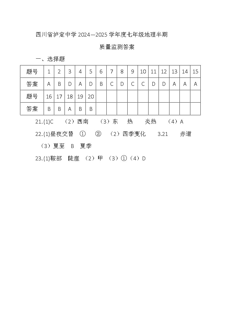 四川省泸定中学2024—2025学年度七年级地理半期质量监测答案第1页