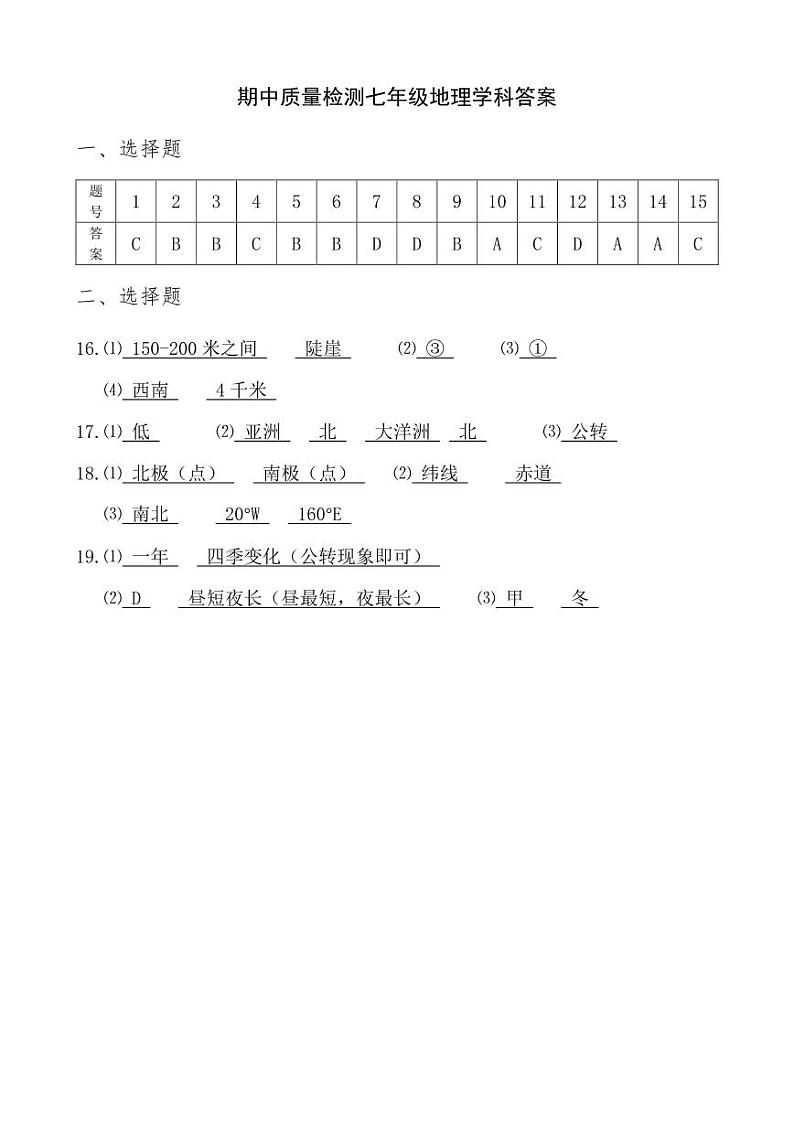 七年级地理学科答案第1页