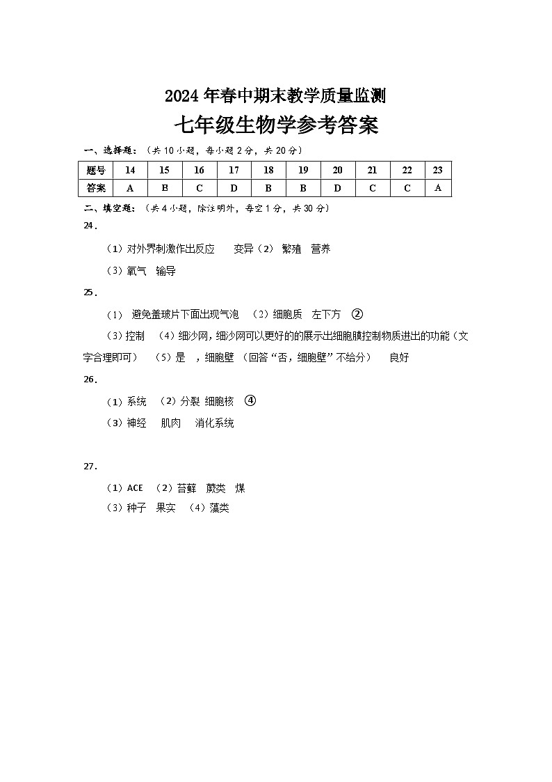 七年级生物学参考答案第1页