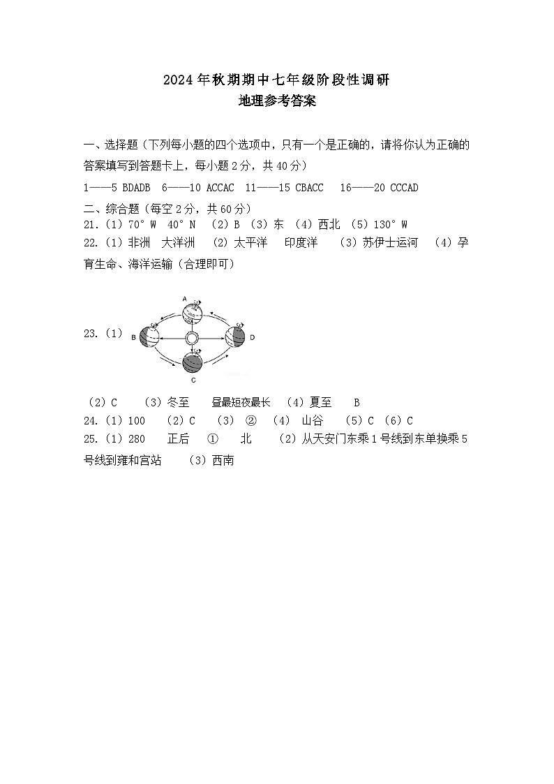 七年级地理期中答案2024、10第1页