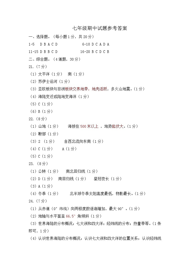七年级地理期中试题参考答案第1页