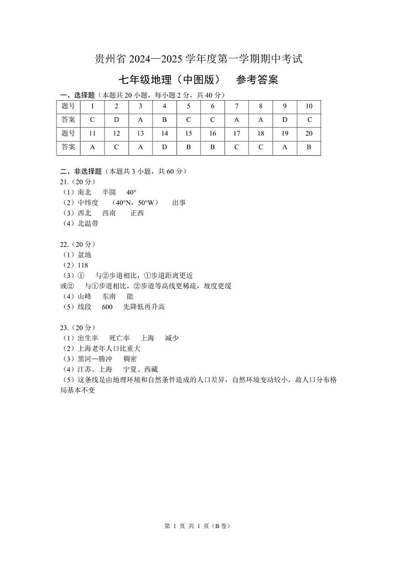 七年级地理（中图版）-参考答案第1页