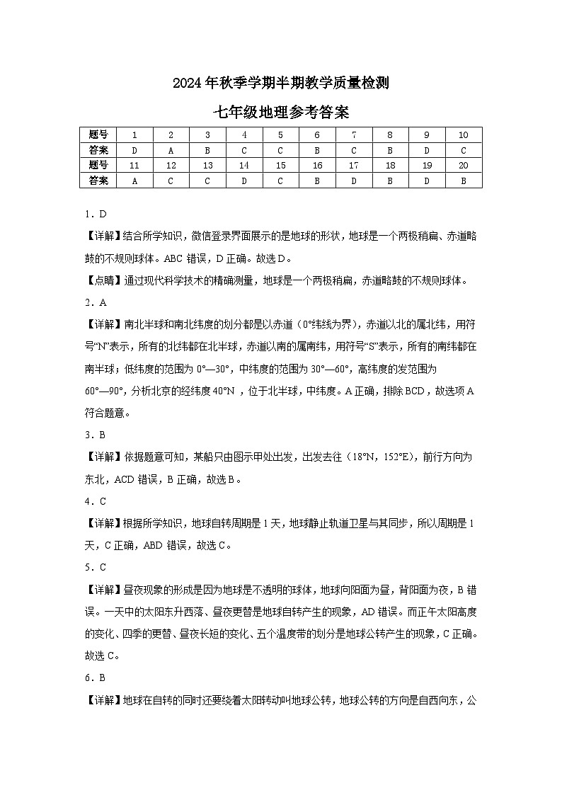 2024年秋季学期七年级半期教学质量检测（地理参考答案）第1页