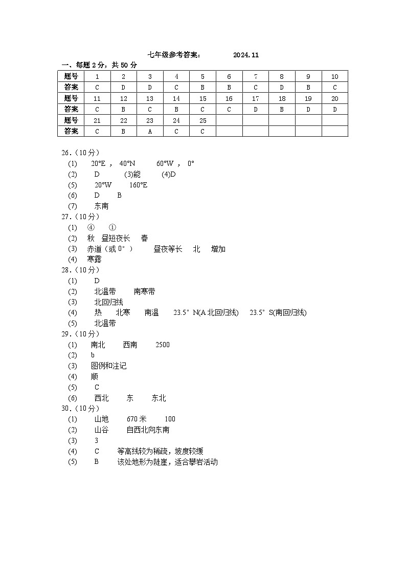 2024.11七年级地理答案(1)第1页