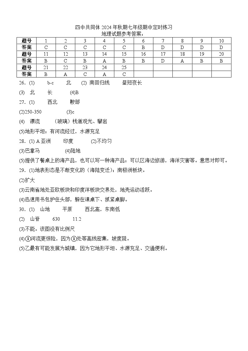 泸县四中教育共同体2024秋期七年级期中地理试卷答案第1页