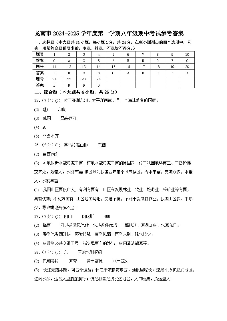 八年级地理期中答案第1页