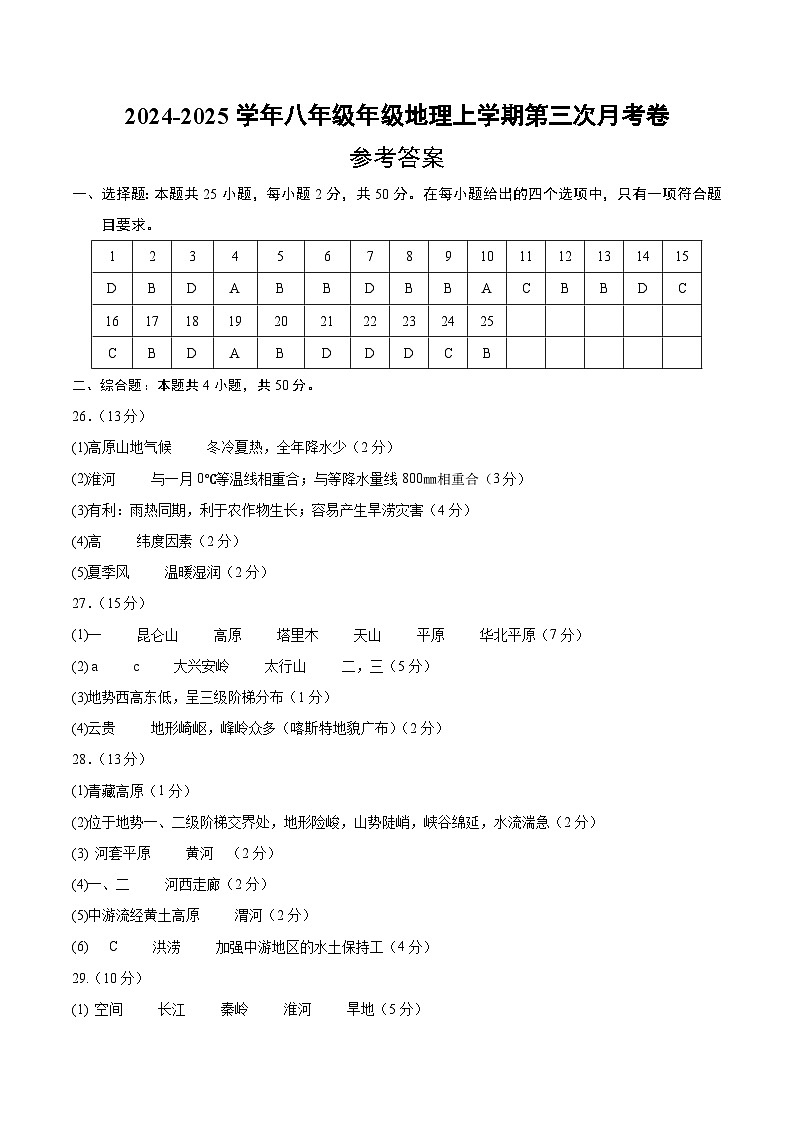 八年级地理第三次月考卷（参考答案）第1页