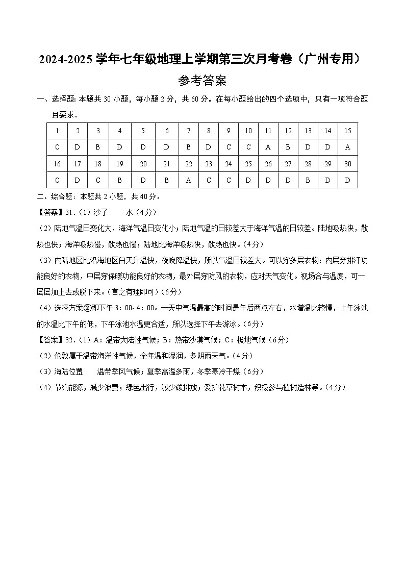 七年级地理上学期第三次月考卷（广州专用）（参考答案）第1页
