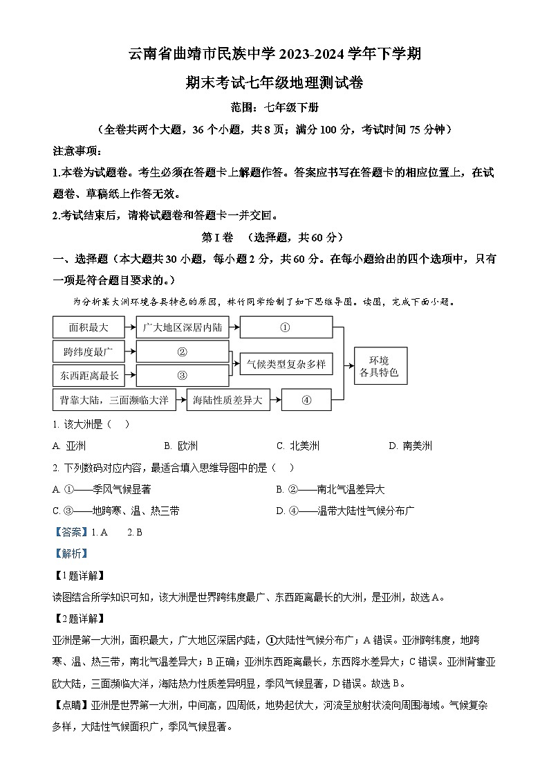 云南省曲靖市民族中学2023-2024学年七年级下学期期末考试地理试卷（解析版）-A4第1页
