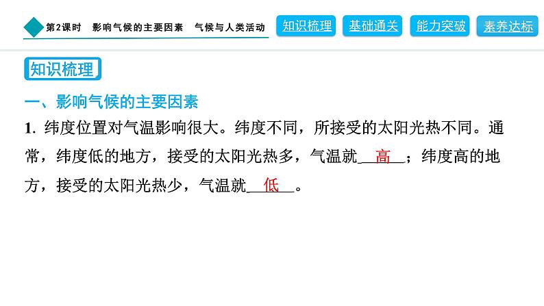 2024人教版地理七年级上册第四章天气与气候4.4.2　影响气候的主要因素　气候与人类活动 习题课件ppt第2页