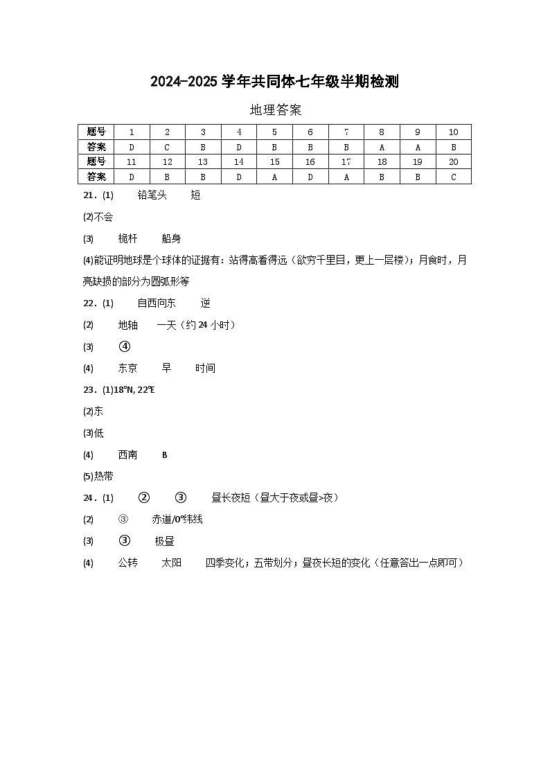 青神县2024-2025学年共同体七年级半期检测地理答案第1页