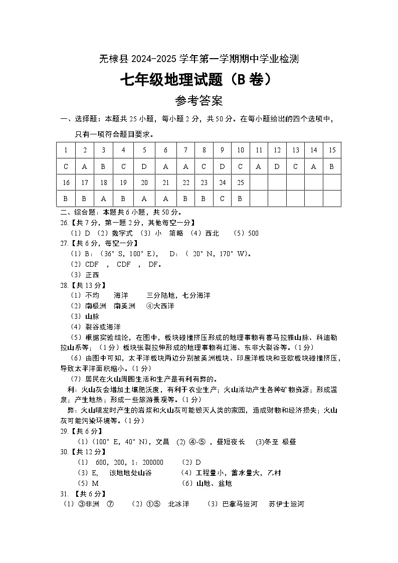 （B）2024-2025第一学期地理七年级参考答案第1页