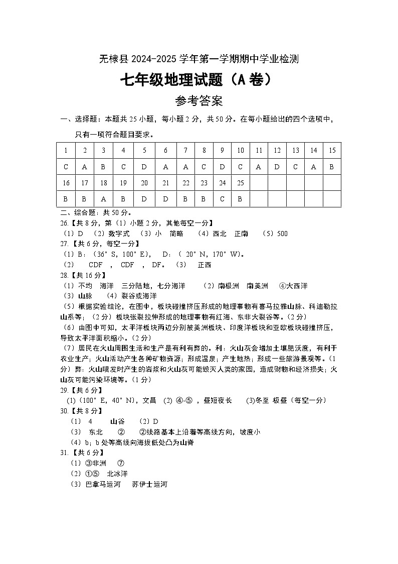 （A）2024-2025第一学期地理七年级参考答案第1页