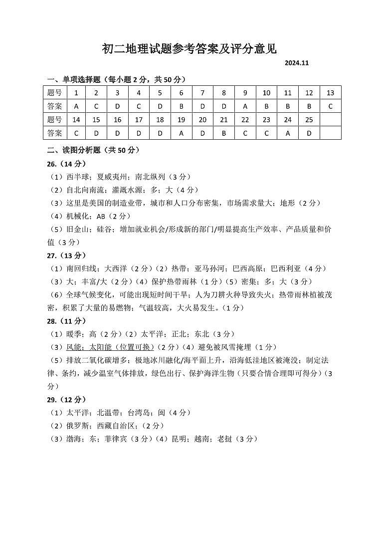 初二地理试题参考答案2024.11_20241031094654第1页