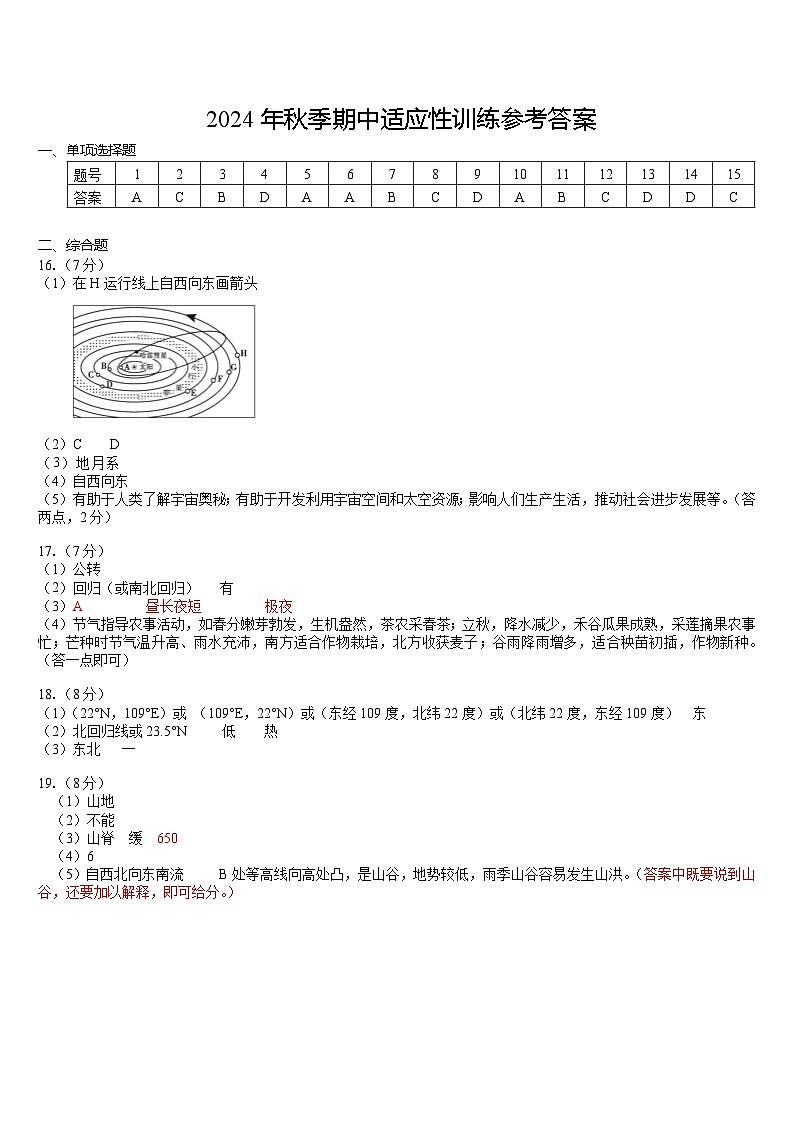 2024年秋季期中【七年级地理】适应性训练参考答案第1页