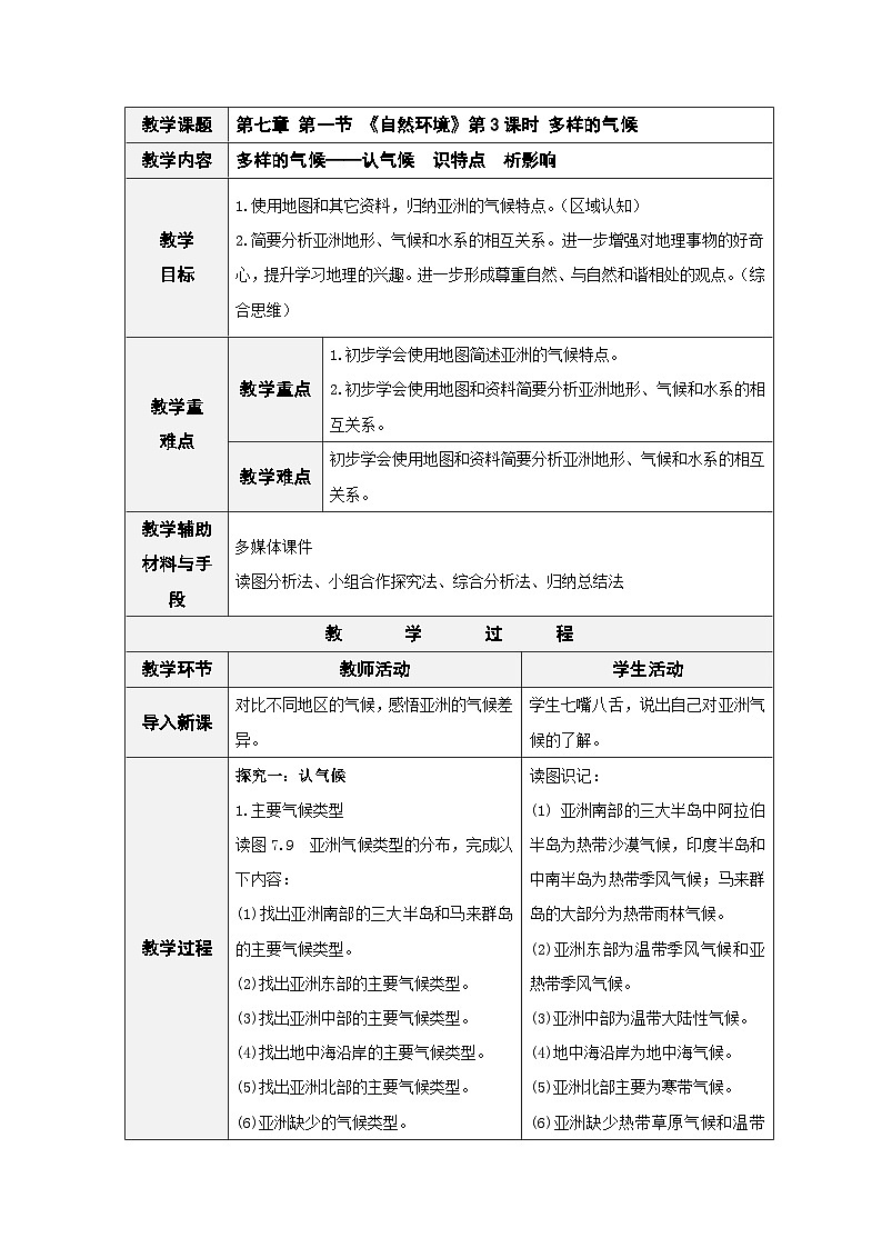 人教版七下 7.1《自然环境》 第3课时 多样的气候  教案第1页