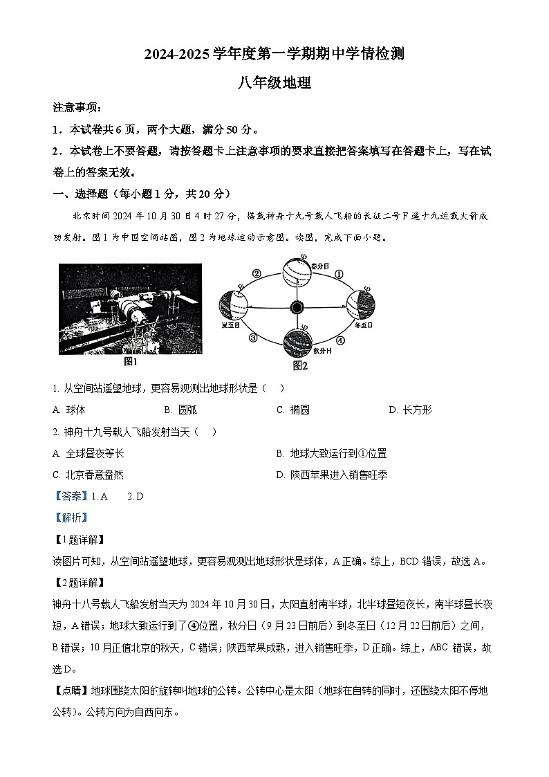 河南省商水县2024-2025学年八年级上学期期中地理试卷（解析版）-A4第1页
