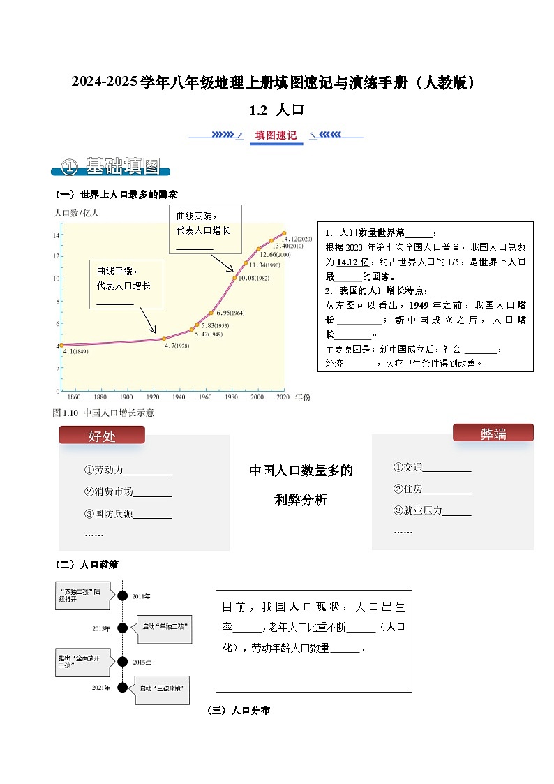 1.2 人口（填图速记）-2024-2025学年八年级地理上册填图速记与演练手册（人教版）（原卷版）第1页