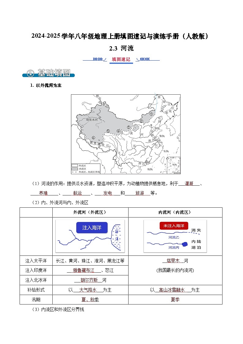 2.3 河流（填图速记）-2024-2025学年八年级地理上册填图速记与演练手册（人教版）（解析版）第1页