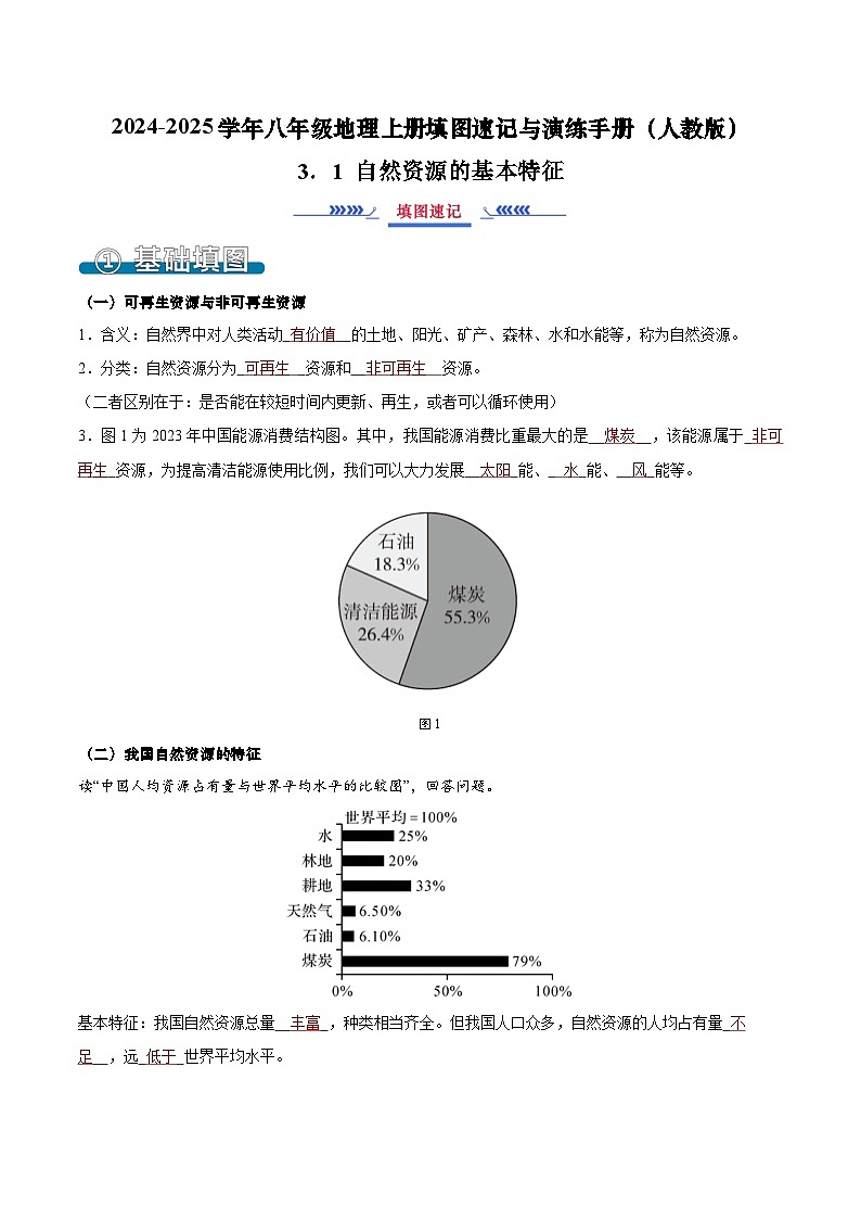 3.1 自然资源的基本特征（填图速记）-2024-2025学年八年级地理上册填图速记与演练手册（人教版）（解析版）第1页