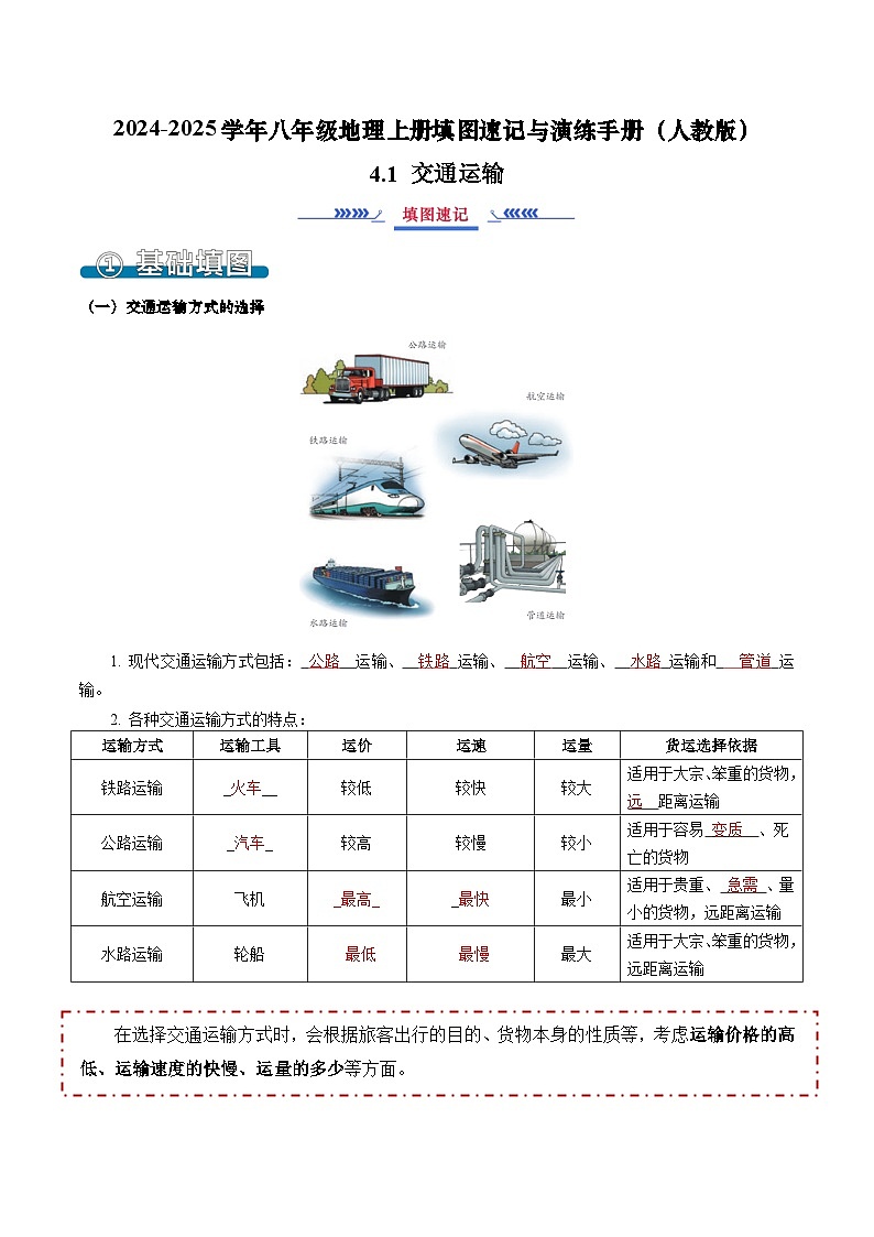 4.1 交通运输（填图速记）-2024-2025学年八年级地理上册填图速记与演练手册（人教版）（解析版）第1页