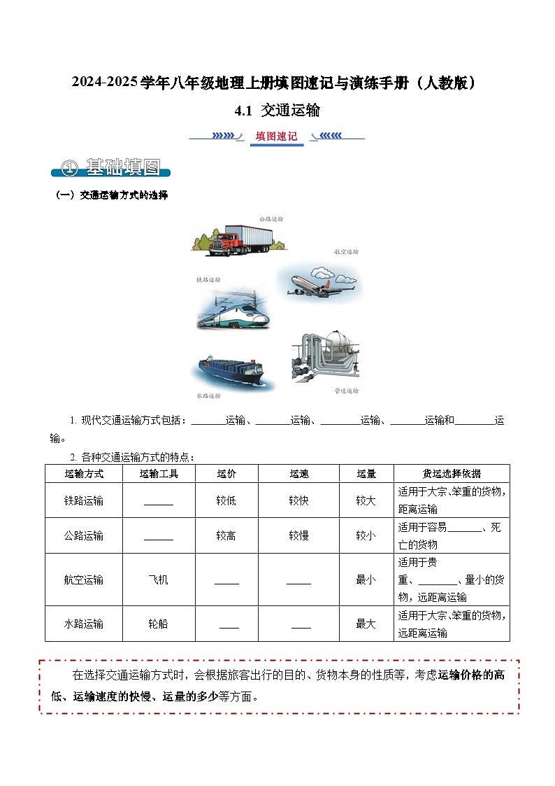 4.1 交通运输（填图速记）-2024-2025学年八年级地理上册填图速记与演练手册（人教版）（原卷版）第1页