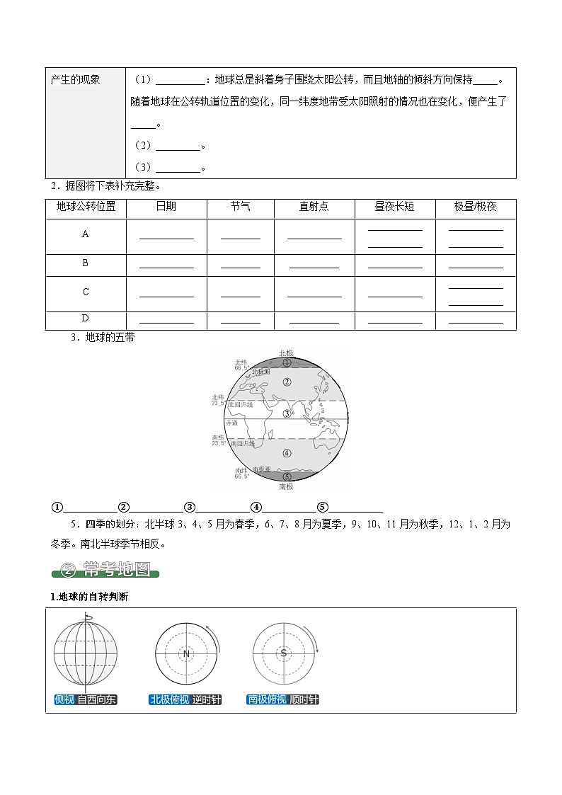 1.3 地球的运动（填图速记）-2024-2025学年七年级地理上册填图速记与演练手册（人教版2024）（原卷版）第2页