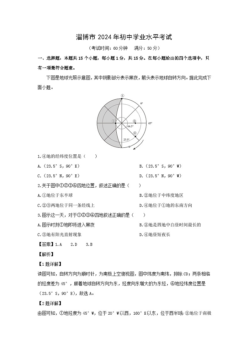 2024年山东省淄博市中考真题地理试卷(解析版)第1页