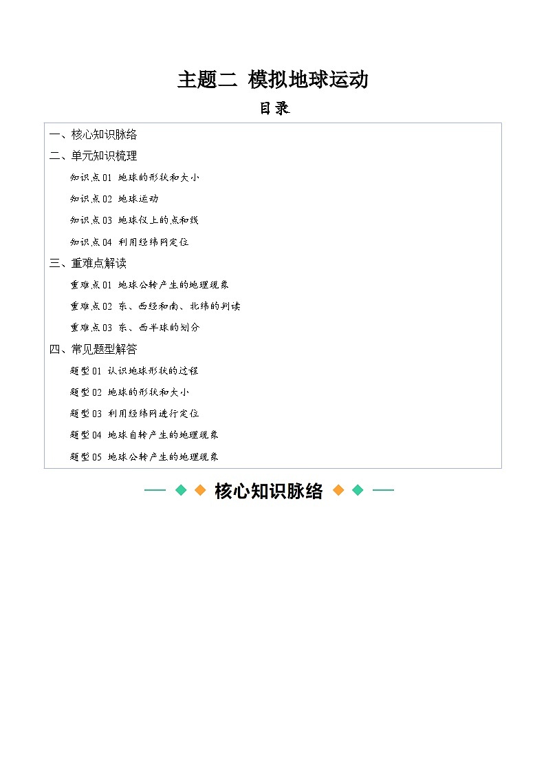 晋教版2024初中七年级上册地理主题二 模拟地球运动 知识点（填空版 ）第1页
