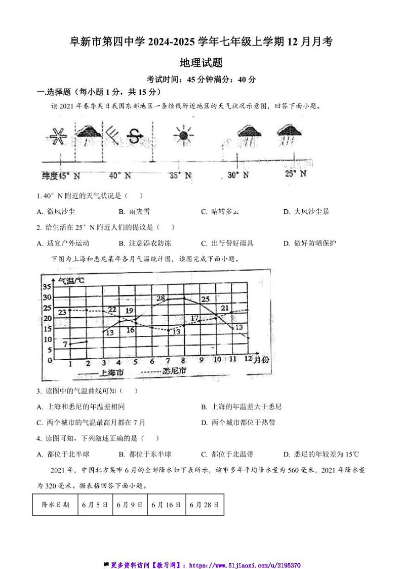 2024～2025学年辽宁省阜新市第四中学七年级(上)12月月考地理试卷(含答案)第1页