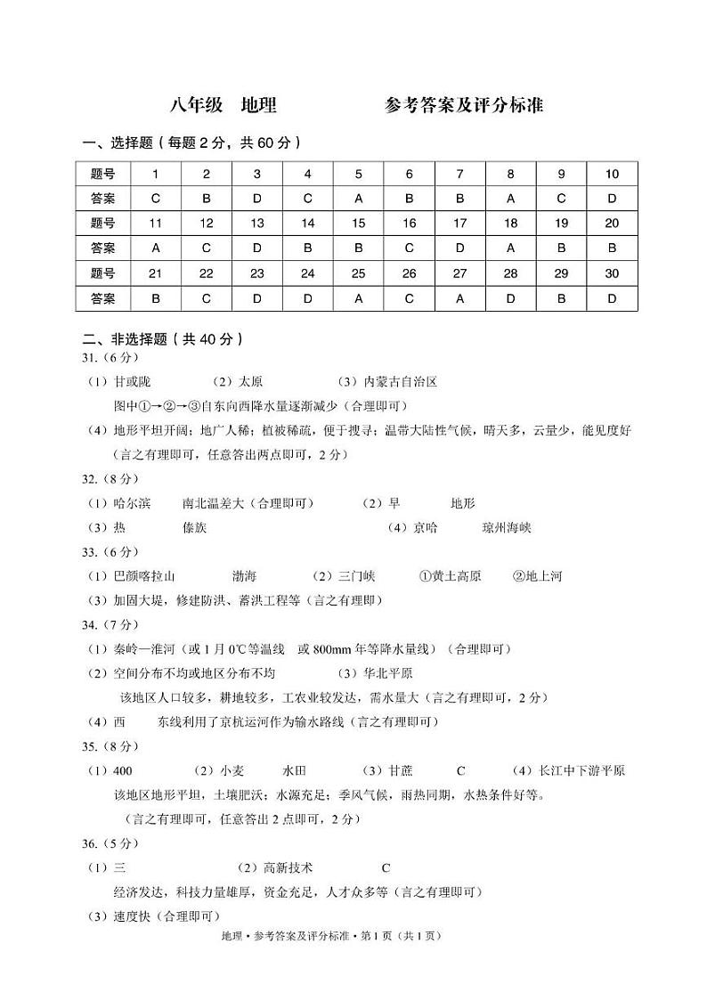 地理 答案第1页