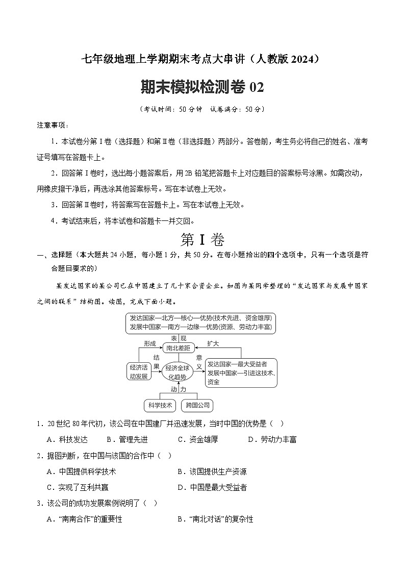 2024—2025学年人教版七年级地理期末模拟检测卷02（原卷版）第1页