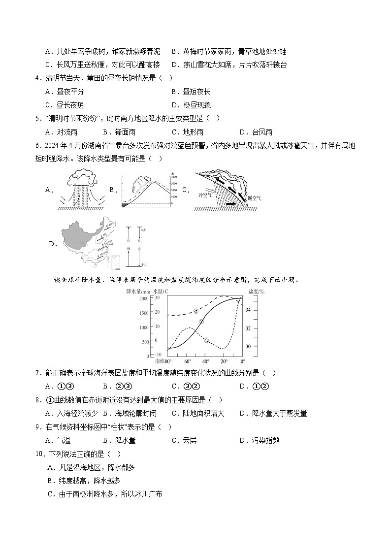 【寒假专项训练】人教版 初中地理 七年级上册  专项训练 4.3  降水的变化与分布（原卷版）第2页