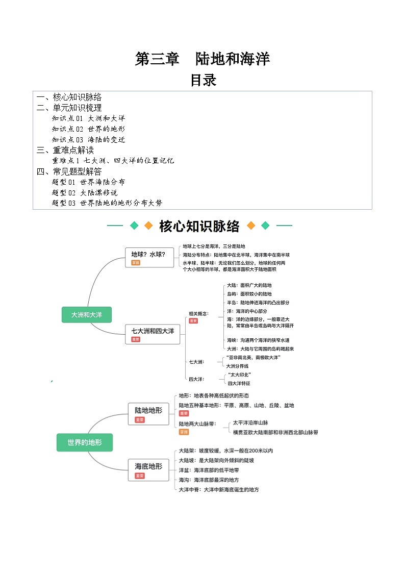 【寒假衔接讲义】人教版 初中地理 七年级上册 知识讲义 第三讲  陆地和海洋（解析版）第1页