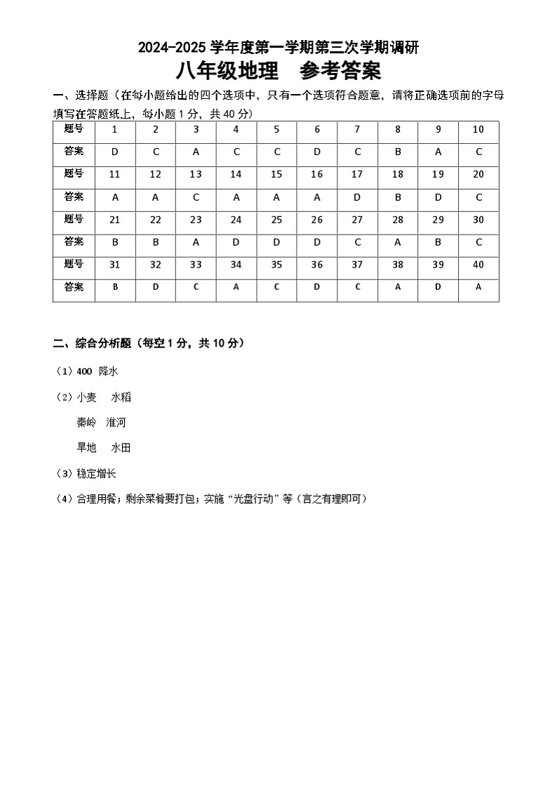 地生2 八年级地理参考答案第1页