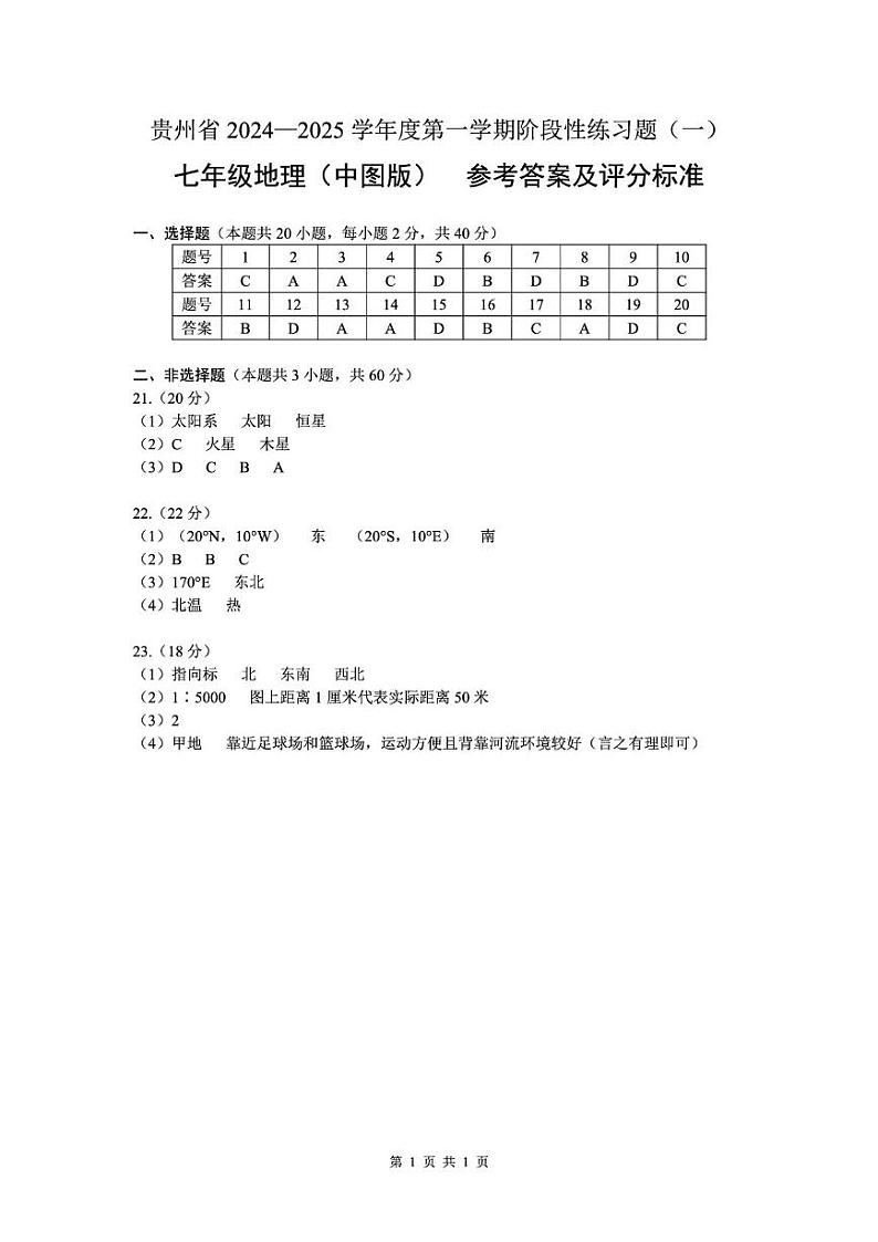 贵州省2024-2025学年七年级地理上册第一次月考卷(中图版) 贵州省2024-2025学年七年级地理上册第一次月考卷(中图版)-参考答案第1页