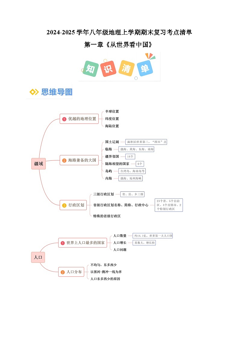 第一章《从世界看中国》-2024-2025学年八年级地理上学期期末复习考点清单（人教版）第1页