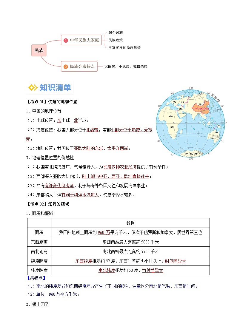 第一章《从世界看中国》-2024-2025学年八年级地理上学期期末复习考点清单（人教版）第2页