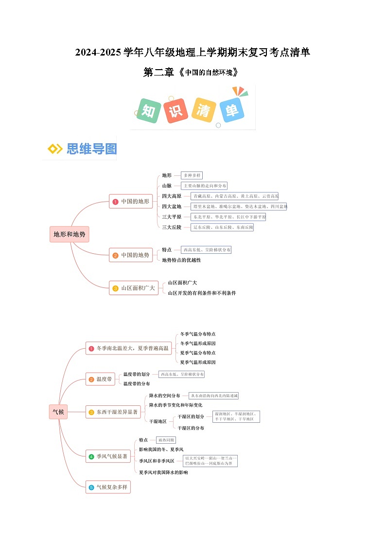 第二章《中国的自然环境》-2024-2025学年八年级地理上学期期末复习考点清单（人教版）第1页