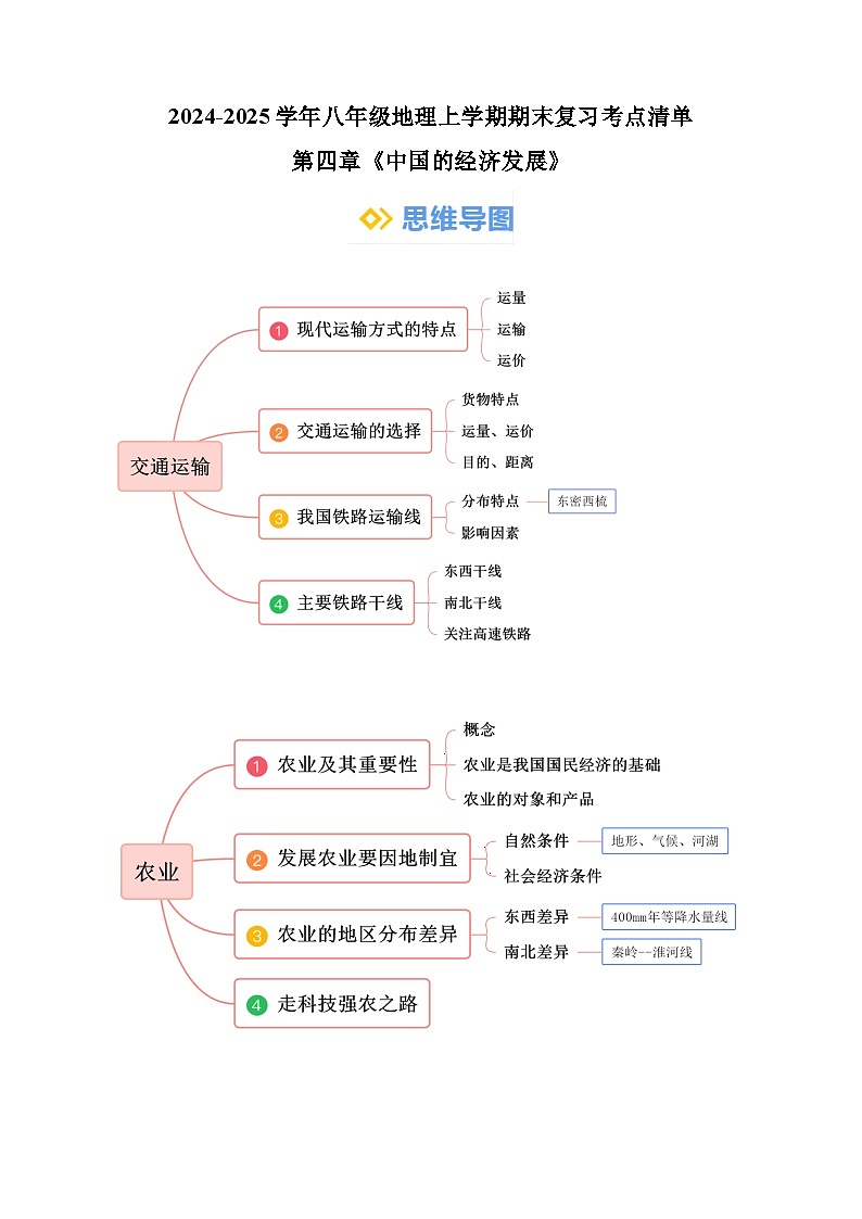 第四章《中国的经济发展》-2024-2025学年八年级地理上学期期末复习考点清单（人教版）第1页