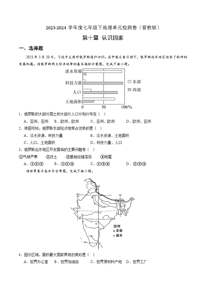 晋教版地理七年级下册 第十章 认识国家（单元检测卷）（原卷版）第1页