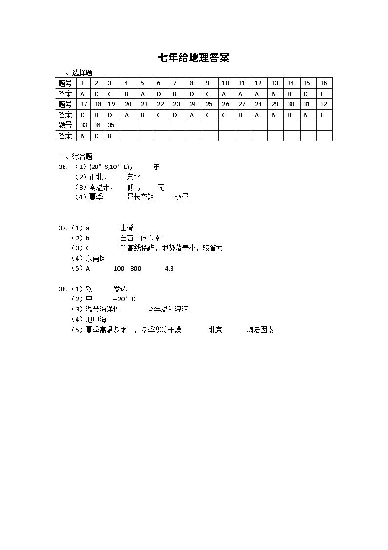 七年级地理答案第1页