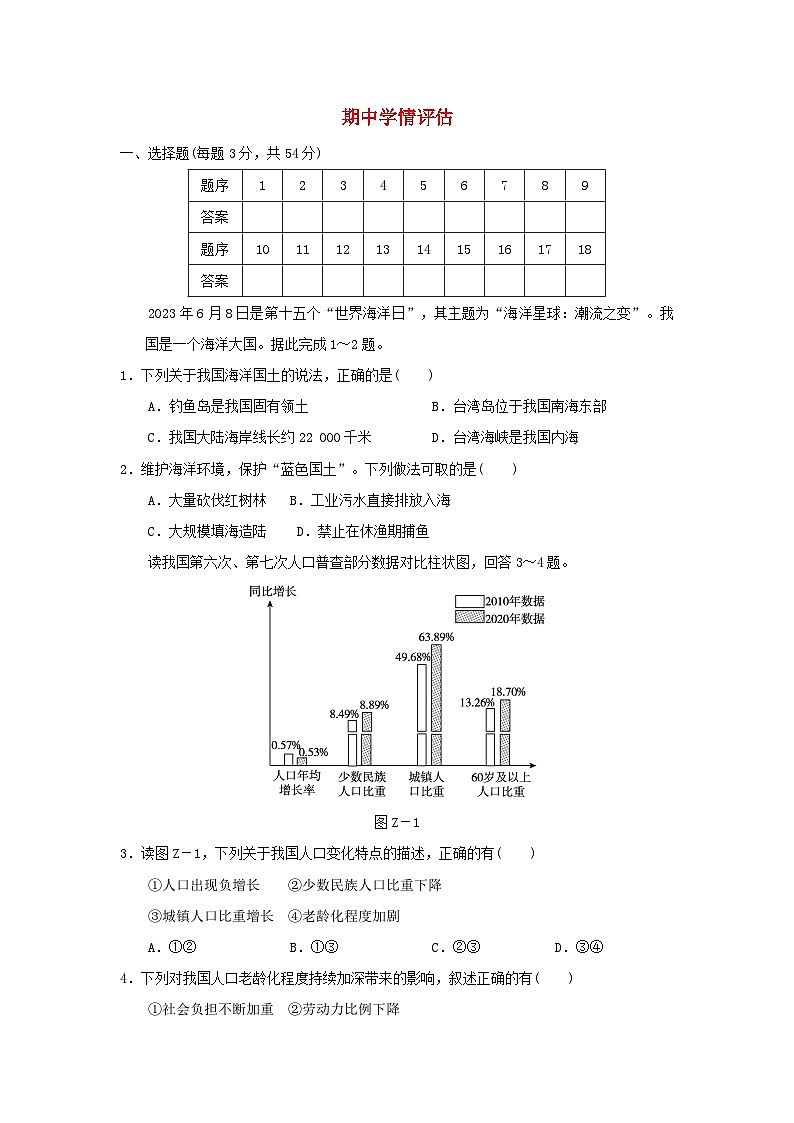 2024八年级地理上学期期中学情评估试卷（附答案晋教版）第1页